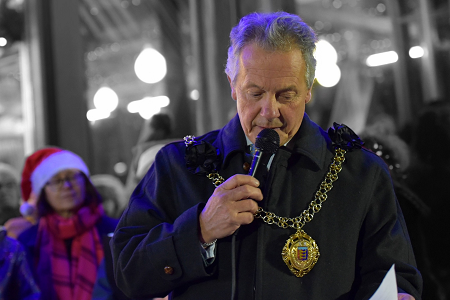 Mayor speaking at the Winter Lights Procession